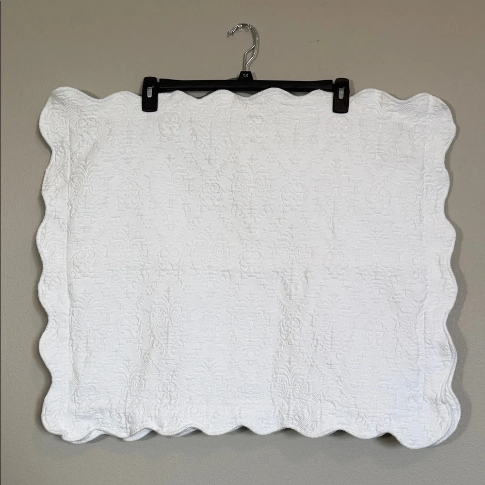 White Quilted Damask Pillow Cushion Covers (2), scalloped edges, 100% cotton.